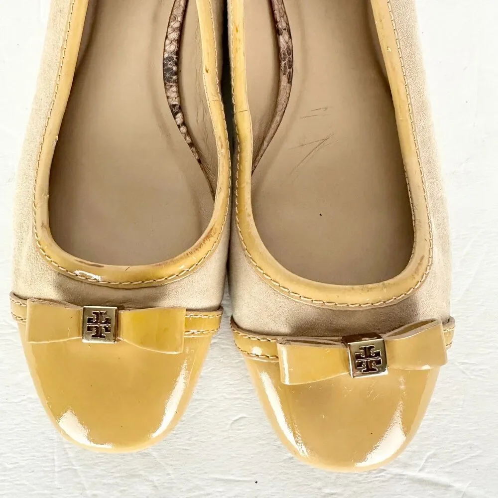 Tory Burch Cap Toe Ballet Flats Size 9 Suede Patent Leather Butter Yellow Tan